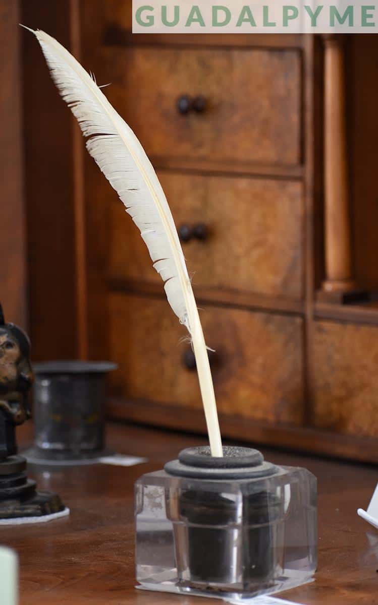 white feather on black metal cup