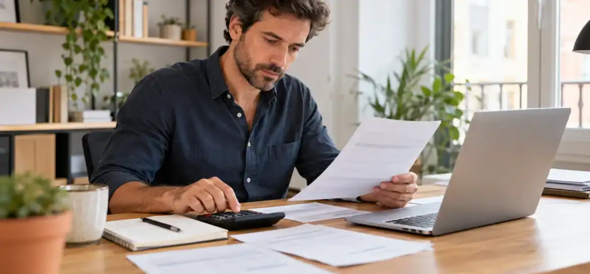 Autónomo revisando facturas y calculando la liquidez de su negocio