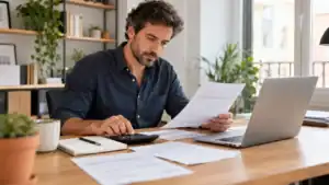 Autónomo revisando facturas y calculando la liquidez de su negocio