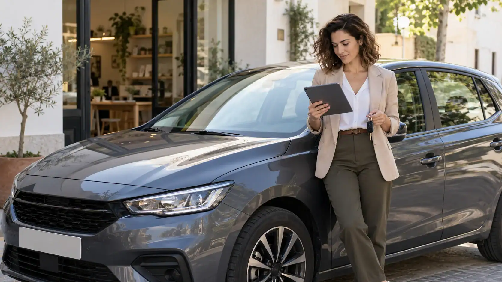 Autónoma consultando una tablet junto a su coche